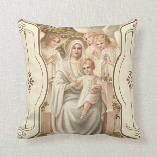 2 SIDED Madonna with Child Jesus Angels Flowers Cushion
