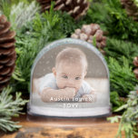 2 Sided Modern Photo & White Text Overlay Keepsake Snowglobe<br><div class="desc">Give the gift of special memories with a simply elegant 2 photo snow globe. This template is set up for a baby, but is easy to personalise with a family, friend or pet's name, a wedding couple's monogrammed initials, or any wording of your choice. The colours and font style can...</div>