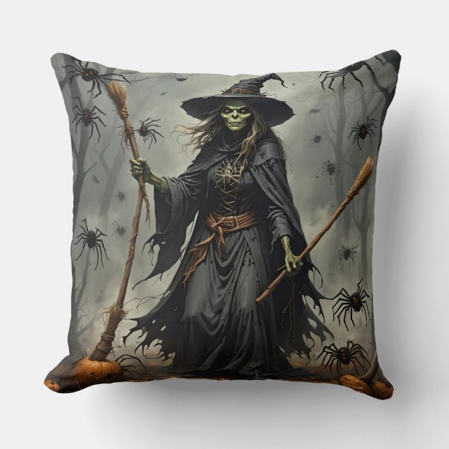 2-Sided Scary Witch and Skeleton Man Cushion (Front)