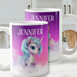 2-sided Unicorn on clouds, pink sky,stars & name Coffee Mug