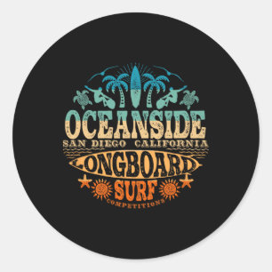 2-sided Vintage Oceanside California Longboard Sur Classic Round Sticker