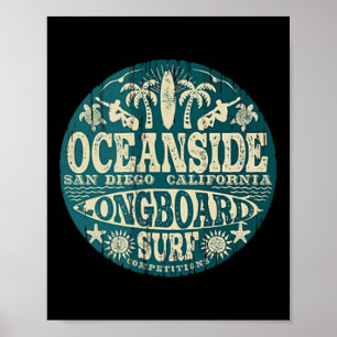 2-sided Vintage Oceanside California Longboard Sur Poster