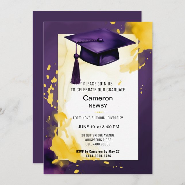 2 sided Watercolor Graduation party invitation (Front/Back)