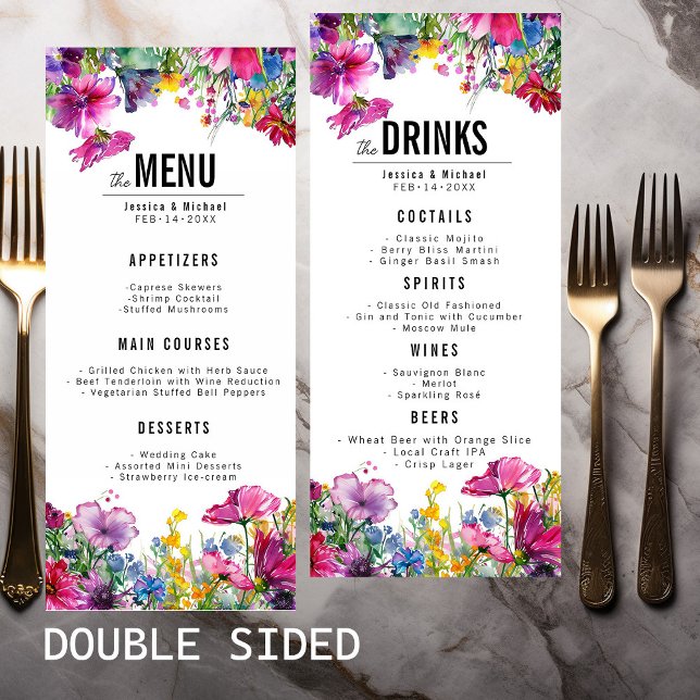 2-sided wedding MENU & DRINKS Meadow Bloom (2-sided wedding MENU & DRINKS Meadow Bloom part of big wedding stationary collection.)