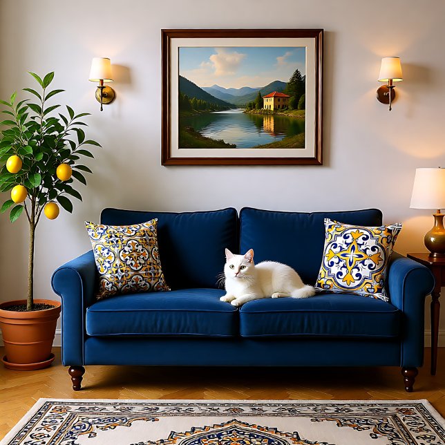 💙💛 2 sides blue and yellow Azulejos 9  Throw Pil Cushion (2 sides blue and yellow Azulejos 9  Throw Pillow)