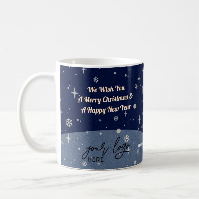 2 sides Business Logo and QR code Blue Christmas Coffee Mug (Left)