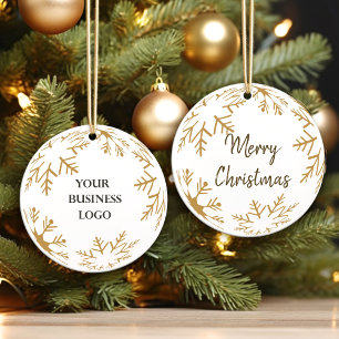2 sides Logo & Merry Christmas Gold Business Ball Ceramic Ornament