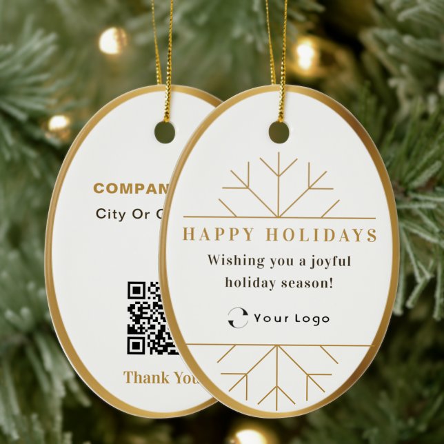 2 sides Logo & QR Business Christmas Gold Trim 1 Ceramic Ornament (Creator Uploaded)