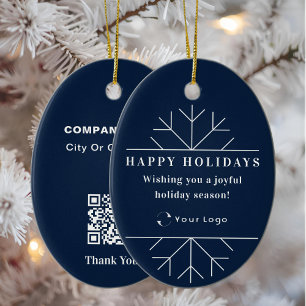 2 sides Logo & QR Business Christmas Minimal Blue Ceramic Ornament