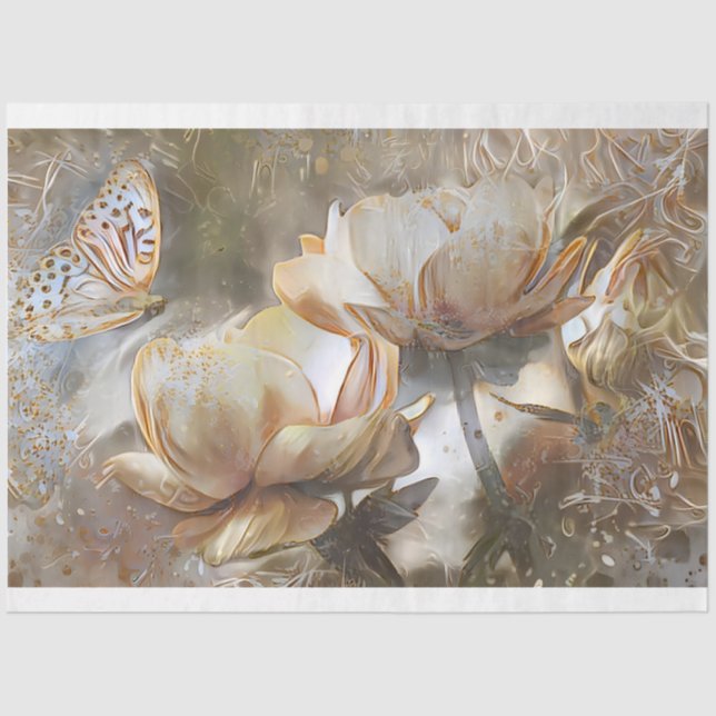 2 Silk Gold White Unique Roses Art Dream Tissue Paper (Front)