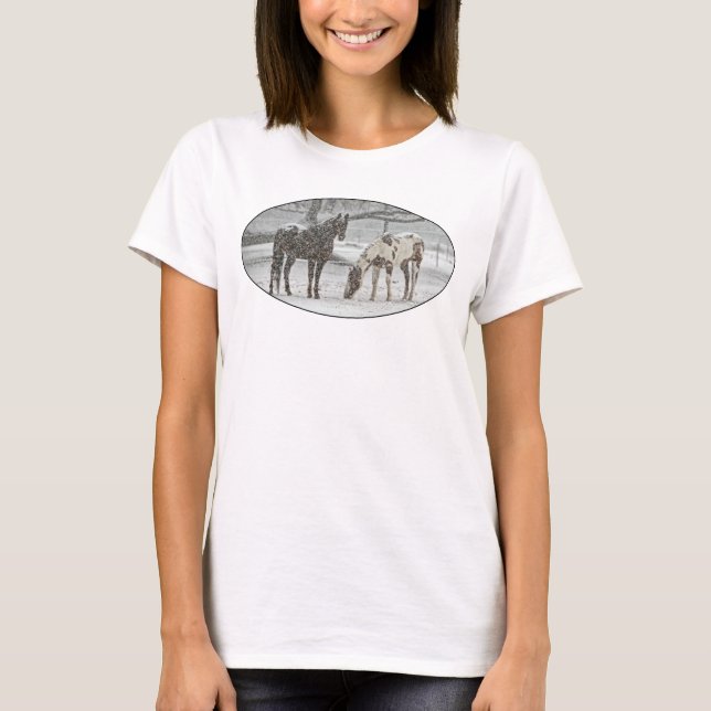 2 Snowy Horses Standing Under a Tree in Winter T-Shirt (Front)