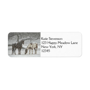 2 Snowy Horses Standing Under a Tree Return Address Label