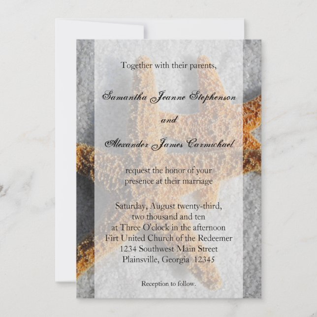2 Sugar Starfish in the Sand, Beach Wedding Invitation (Front)