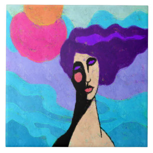 2 Suns Abstract Digital Painting of a Woman Ceramic Tile