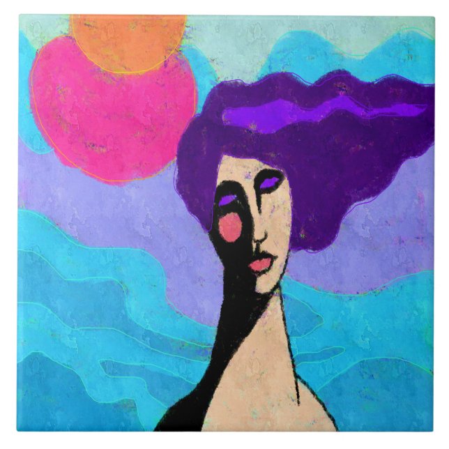2 Suns Abstract Digital Painting of a Woman Ceramic Tile (Front)