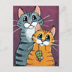 2 Tabby Cats with Toy Mouse Illustration Postcard