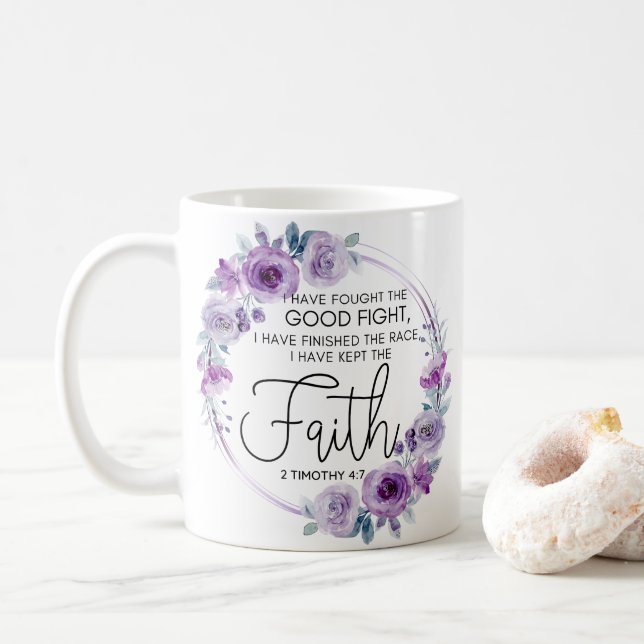 2 Timothy 4:7 I have kept the faith Purple Floral Coffee Mug (With Donut)