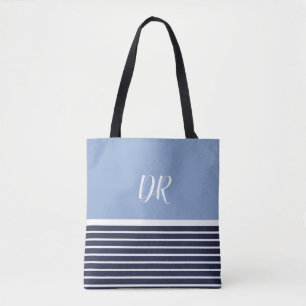 2 tone blue horizontal stripes monogram . elegant tote bag