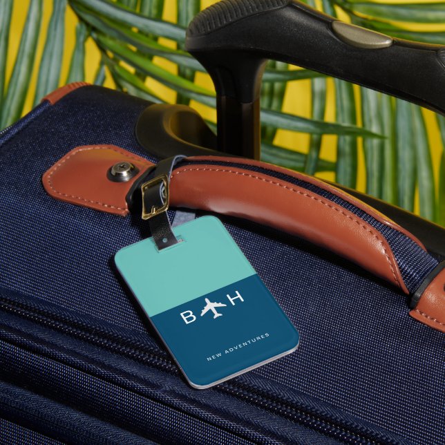 2-Tone Blue Modern Aeroplane Monogram  Luggage Tag (Front Insitu 1)