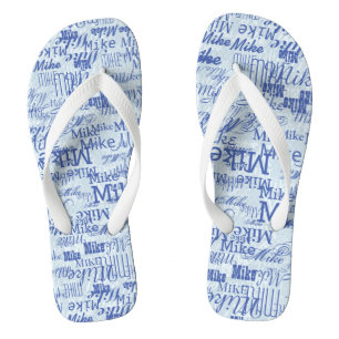 2-tone of blue Stamped Names Allover White Thongs