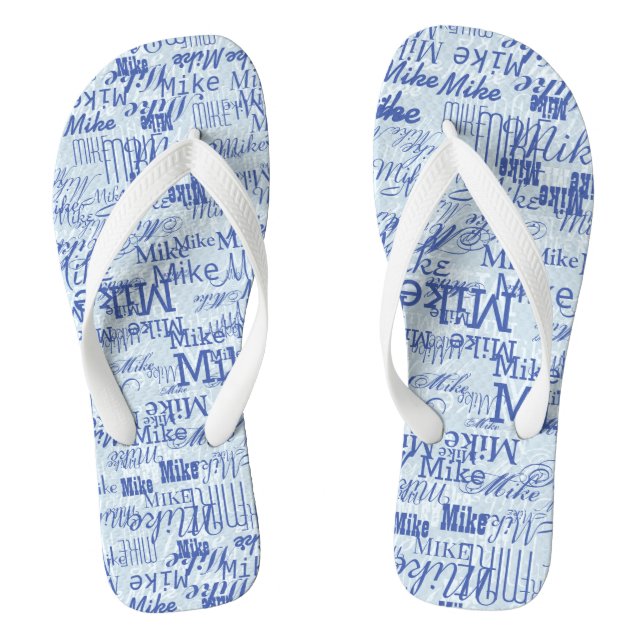 2-tone of blue Stamped Names Allover White Thongs (Footbed)