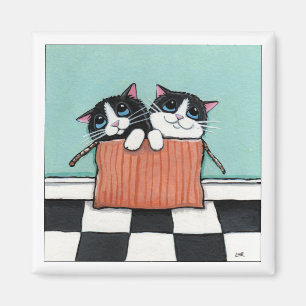 2 Tuxedo Cats in a Box Cat Art Magnet