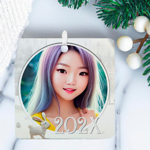 2 Winter Photos Woodland Snow Scene With Rabbit Metal Tree Decoration