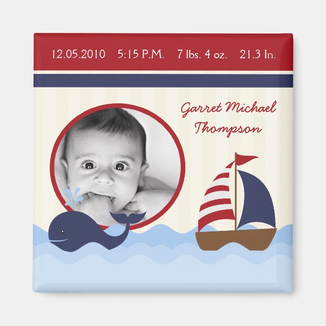 2"x2" Ahoy Nautical Whale BirthAnnouncement Magnet (Front)