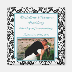 2"x2" Announcement Magnet Black Damask Baby Blue