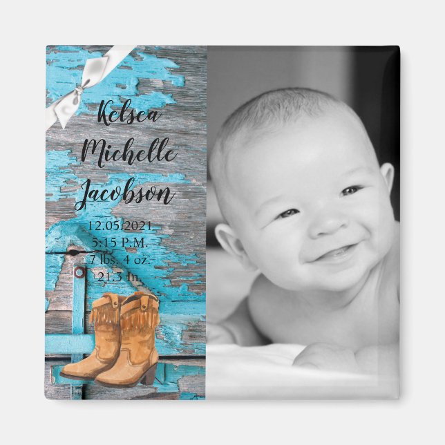 2"x2" Birth Announcement Magnet Blue Wood Barn Doo (Front)