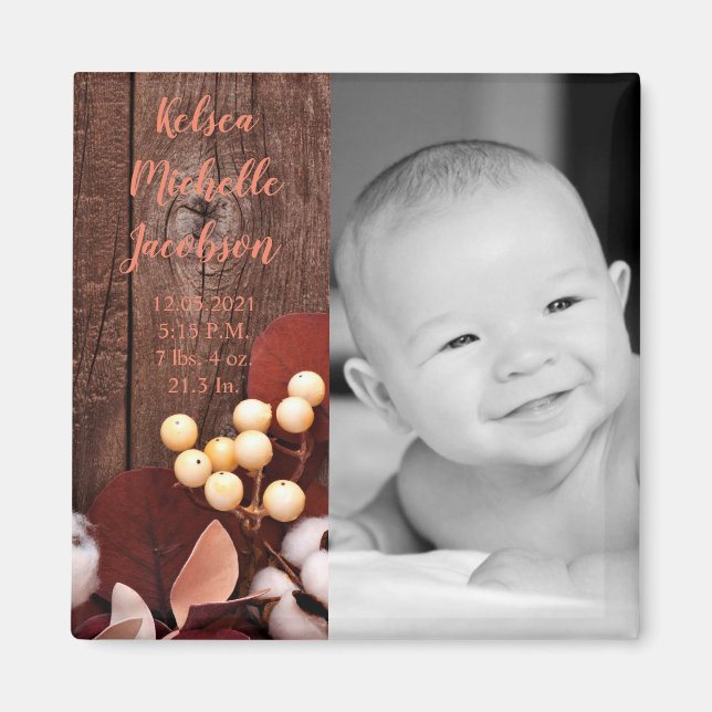 2"x2" Birth Announcement Magnet Cotton Branch on D (Front)