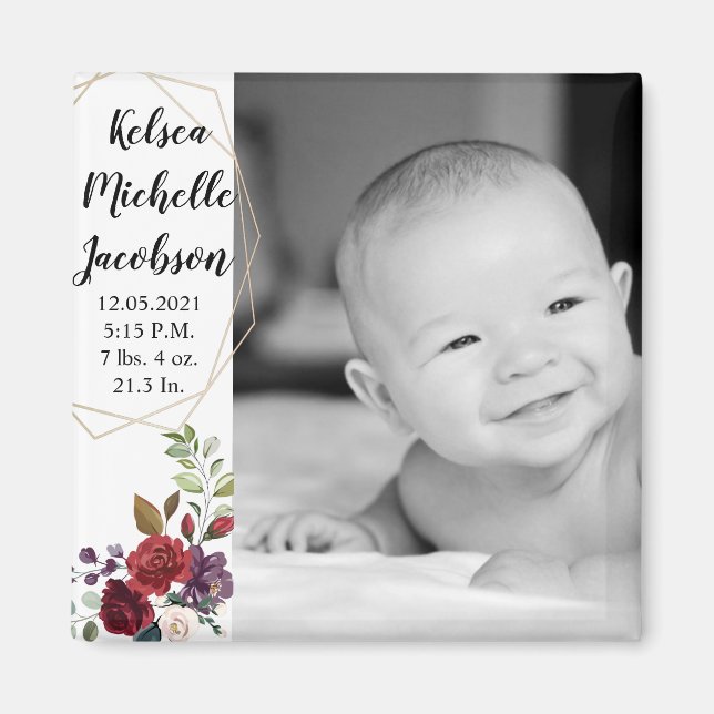 2"x2" Birth Announcement Magnet White Roses Gold G (Front)