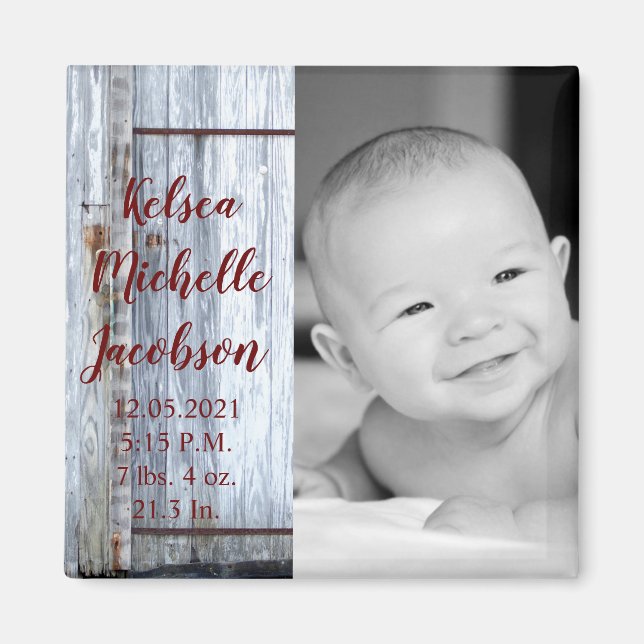 2"x2" Birth Announcement Magnet White Wash Wood Ba (Front)