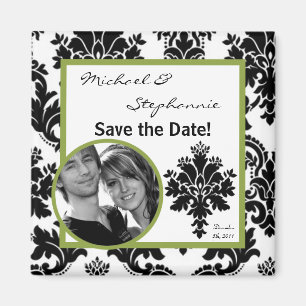 2"x2" Save the Date Magnet Black Green Damask