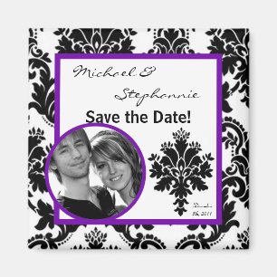2"x2" Save the Date Magnet Black Purple Damask