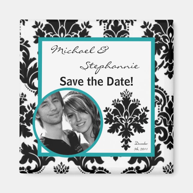 2"x2" Save the Date Magnet Black Teal Damask (Front)