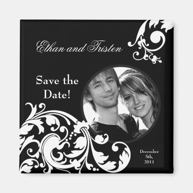 2"x2" Save the Date Magnet Black White Floral (Front)