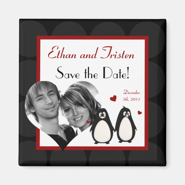 2"x2" Save the Date Magnet Penguin Love Couple Mat (Front)