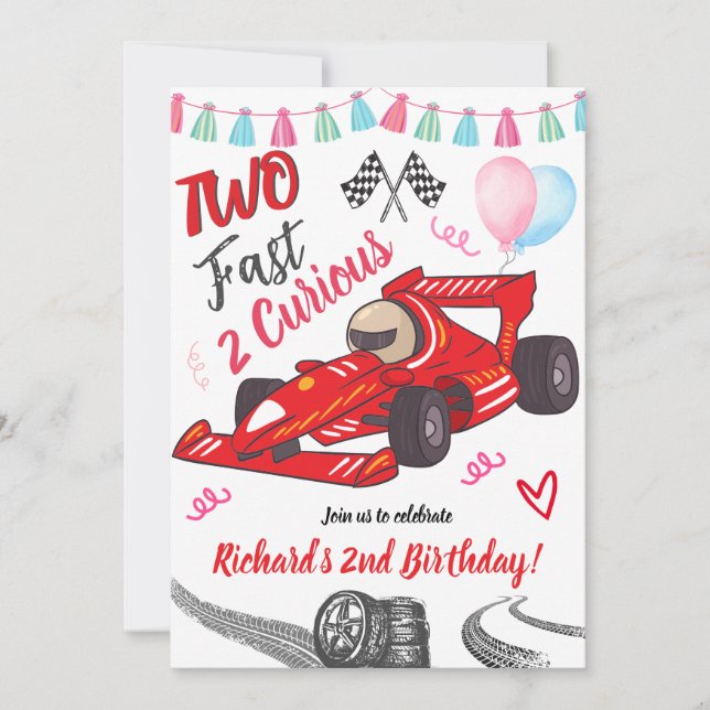2 Year Kids Two Fast Red Race Car Theme Birthday Invitation (Front)