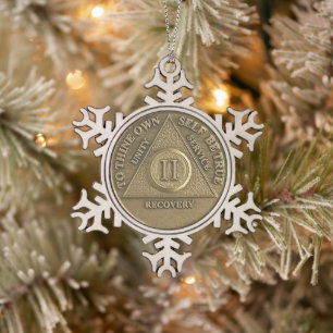2 Year Sober Anniversary Medallion Snowflake Pewter Christmas Ornament