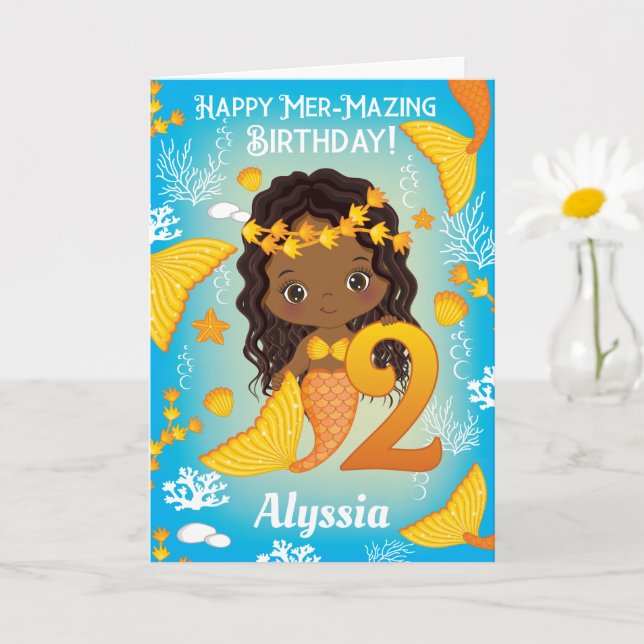 2 Years Old Black Mermaid  | Happy Birthday Card (Small Plant)