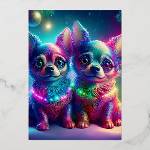 2 Young Chihuahua Pups In Colourful Christmas Scen Foil Holiday Card