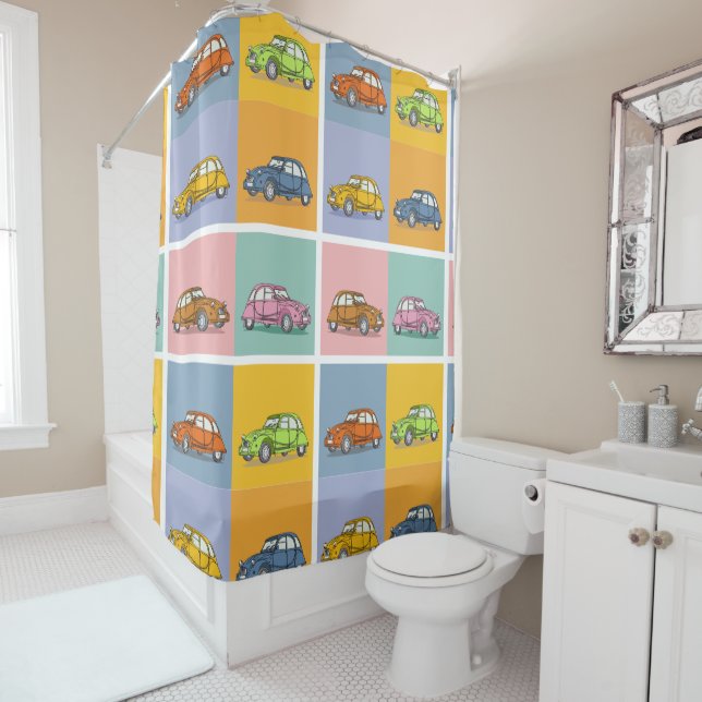 2CV Deux Chevaux Colourful Six Squares Illustratio Shower Curtain (In Situ)