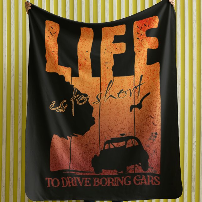 2CV Oldtimer Life is to short to drive boring cars Fleece Blanket (2CV Blanket in Black with a Orange Sunset Background)