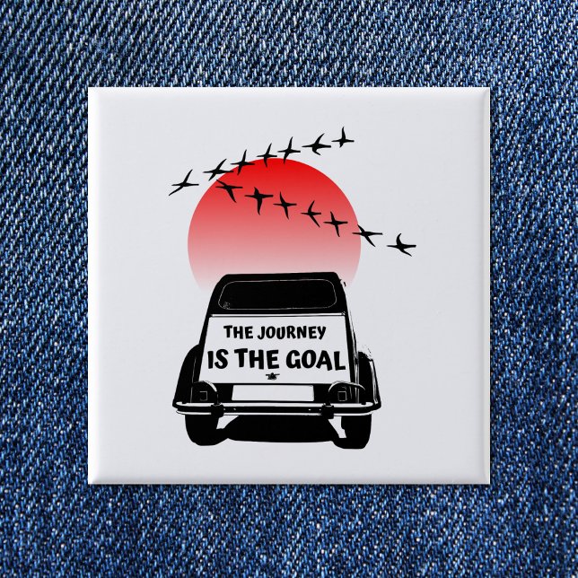 2CV Oldtimer Sunset - The journey is the goal   15 Cm Square Badge (2CV Button in White with a Red Sunset and Birds Illustration)