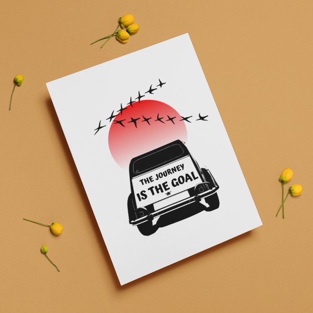 2CV Oldtimer Sunset - The journey is the goal   Postcard (2CV Postcard in White with a Red Sunset and Birds Illustration)