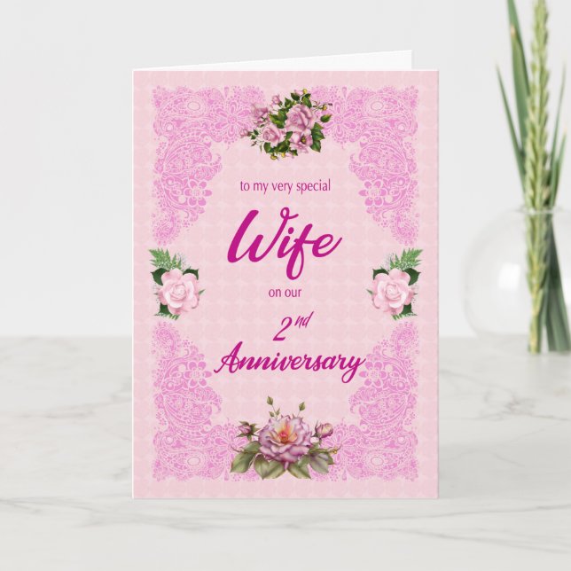 2nd Anniversary for Wife with Pink Roses Card (Front)