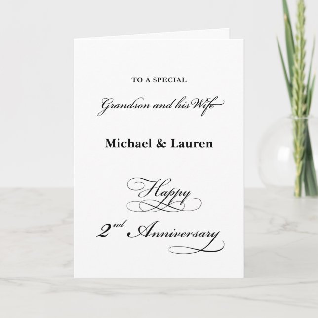 2nd Anniversary Grandson and Wife Elegant Script Card (Front)
