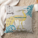 2nd Anniversary Teal Yellow Coral Damask Birdcage Cushion<br><div class="desc">You Personalise this Whimsical Yellow & Coral Tangerine Tango Peacock Grey Green Copper Teal Blue Brown Earthy Hues Vintage Birdcage Pillow to say anything you like or use the existing Mrs. for the Bride (Wedding Reception or Newlywed Gift) Wife (2nd Anniversary Gift) or buy two one Mrs. and one Mr....</div>