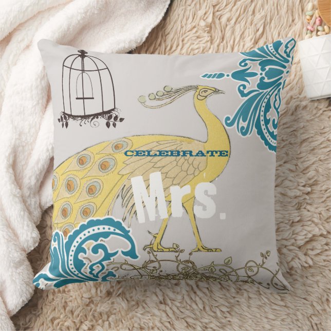 2nd Anniversary Teal Yellow Coral Damask Birdcage Cushion (Blanket)